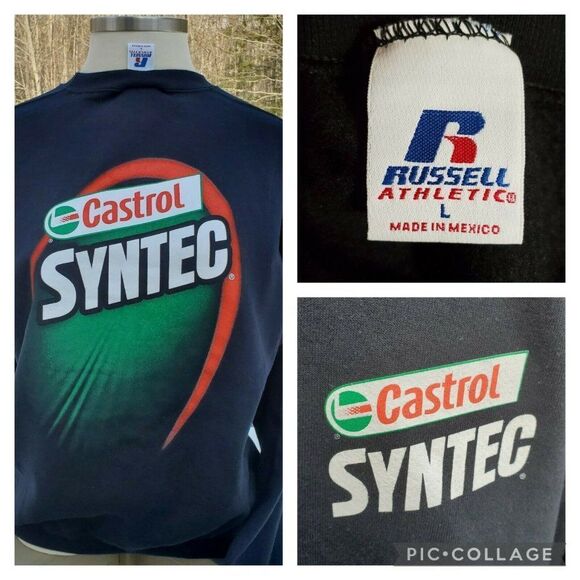 Russell Athletic Castrol Syntex Large Graphic L Vintage 90s Black Sweatshirt USA - Picture 1 of 10